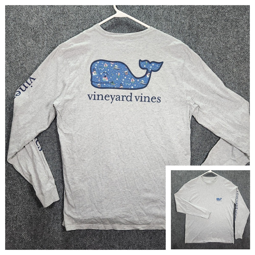 Vineyard Vines T-Shirt Mens Large Gray Good Christmas Whale Long Sleeve Pocket